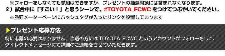 プレゼント　試合中に「すごい！」と思うシーンで、#TOYOTA_FCWCをつけてつぶやいてください。
　※熱狂メーターページにハッシュタグが入ったリンクを設置してあります