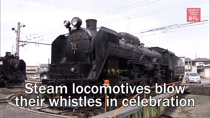 Steam locomotives blow their whistles in celebration