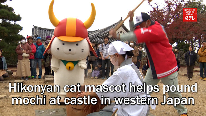 Hikonyan cat mascot helps pound mochi at castle in western Japan