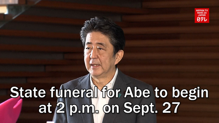State funeral for Abe to begin at 2 p.m. on Sept. 27