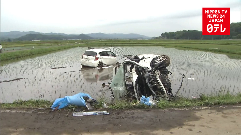 Two cars fall into rice paddy after collision