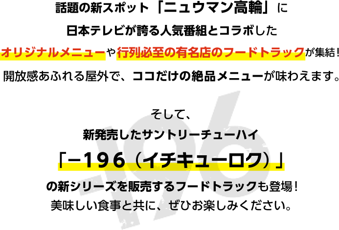 話題の新スポット「ニュウマン高輪」に日本テレビが誇る人気番組とコラボしたオリジナルメニューや行列必至の有名店のフードトラックが集結！開放感あふれる屋外で、ココだけの絶品メニューが味わえます。
そして、新発売したサントリーチューハイ「－１９６（イチキューロク）」の新シリーズを販売するフードトラックも登場！美味しい食事と共に、ぜひお楽しみください。
