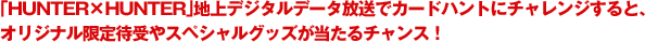 「HUNTER×HUNTER」地上デジタルデータ放送でカードハントにチャレンジすると、  オリジナル限定待受やスペシャルグッズが当たるチャンス！ 