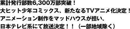 累計発行部数6,300万部突破！ 大ヒット少年コミックス、新たなるTVアニメ化決定！ アニメーション制作をマッドハウスが担い、 日本テレビ系にて放送決定！！（一部地域除く） 