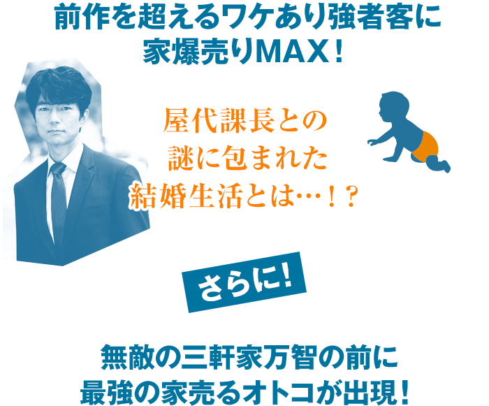 前作を超えるワケあり強者客に家爆売りMAX！屋代課長との謎に包まれた結婚生活とは…！？さらに！無敵の三軒家万智の前に最強の家売るオトコが出現！