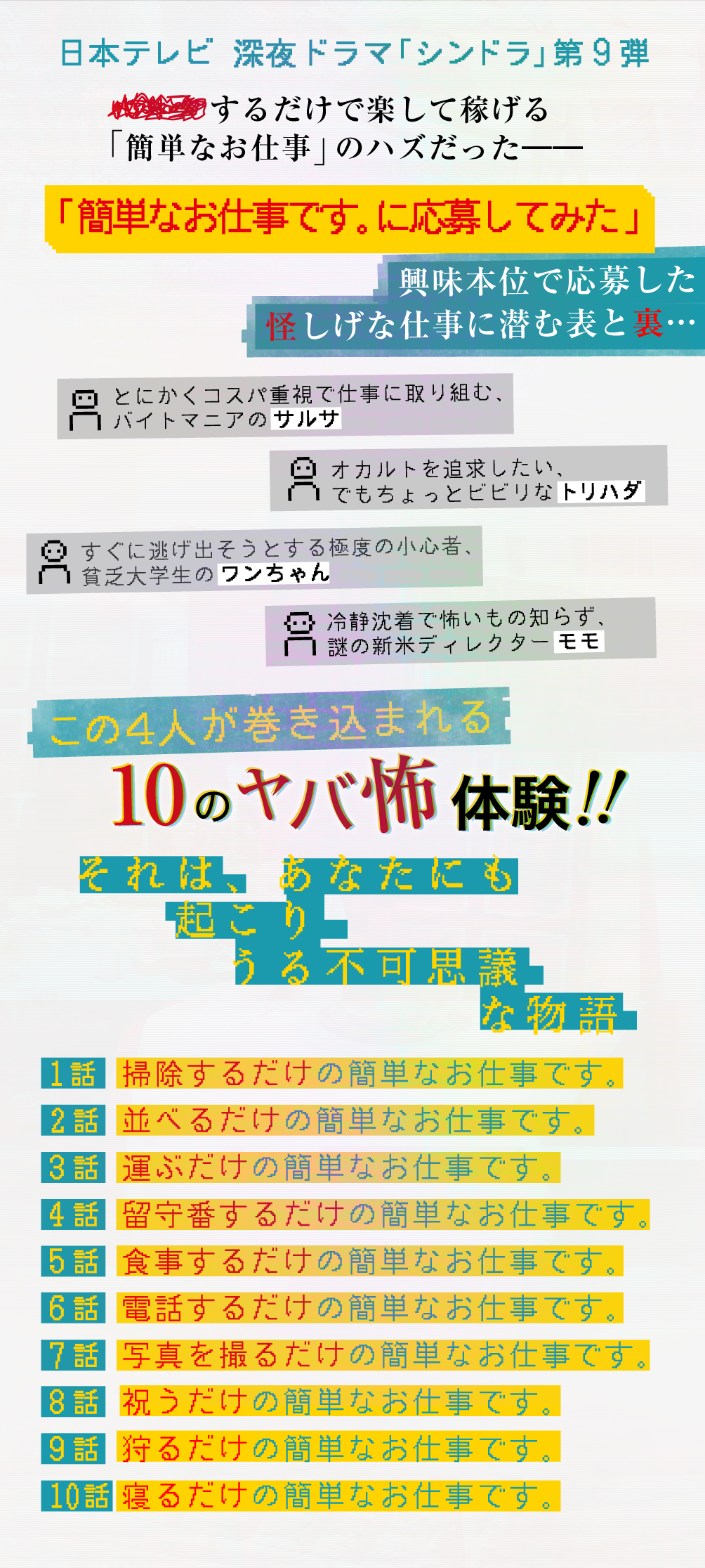 日本テレビ 深夜ドラマ「シンドラ」第9弾、××するだけで楽して稼げる「簡単なお仕事」のハズだった――簡単なお仕事です。に応募してみた