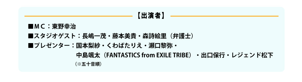 【MC】東野幸治　 
【スタジオゲスト】長嶋一茂、藤本美貴、森詩絵里（弁護士）
【プレゼンター】国本梨紗、くわばたりえ、瀬口黎弥、中島颯太（FANTASTICS from EXILE TRIBE）、出口保行、レジェンド松下
（※五十音順）