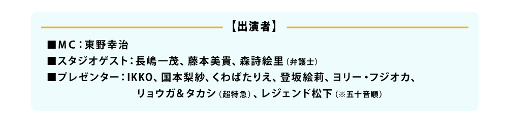 令和最強のいちゃもん軍団に通販プレゼンターがガチでプレゼン！いちゃもん軍団をもうならせる「第19代通販王」はどの商品か！？
◆MC：東野幸治
◆スタジオゲスト：長嶋一茂、藤本美貴、森詩絵里（弁護士）
◆プレゼンター：IKKO、国本梨紗、くわばたりえ、登坂絵莉、ヨリー・フジオカ、リョウガ＆タカシ（超特急）、レジェンド松下（五十音順）
