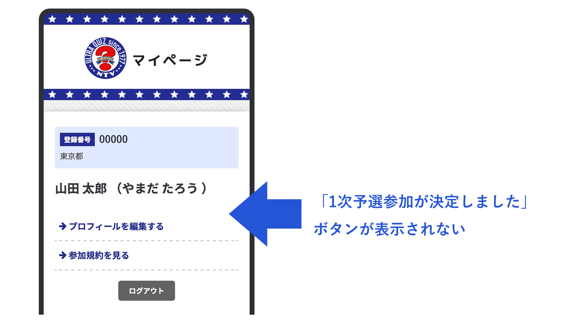 マイページのトップ画面に「1次予選参加が決定しました」ボタンが表示されない例。