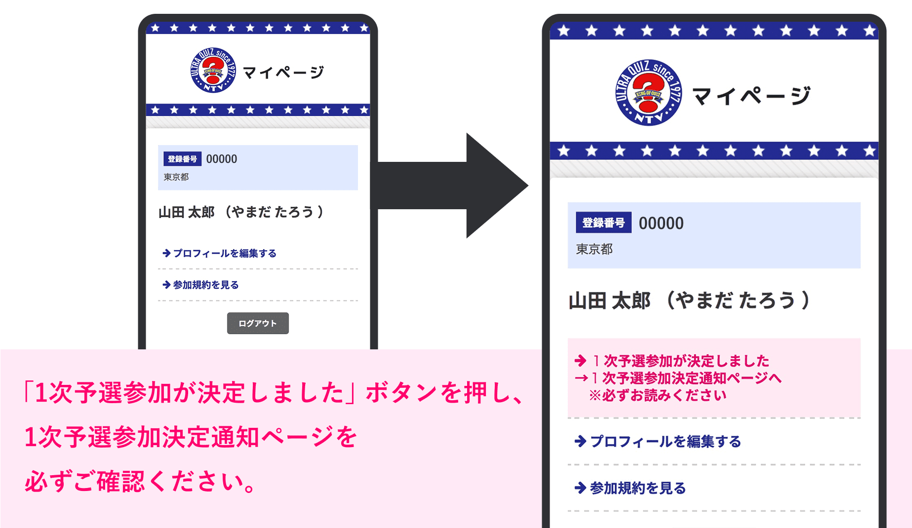 マイページのトップ画面に「1次予選参加が決定しました」ボタンが表示された例。このボタンを押し、1次予選参加決定通知ページを必ずご確認ください。
